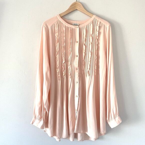 SUNDANCE Powder Pink Vineyard Ruffle Long Sleeve Button Round Neck Shirt sz XL - Picture 1 of 9